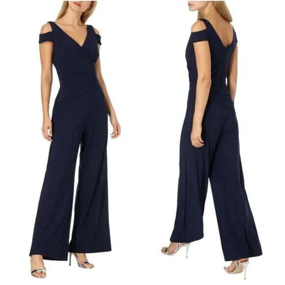 Lauren Ralph Lauren Jumpsuit Size 20W Cold Shoulder Wide Leg Jersey Navy Blue - Picture 1 of 6